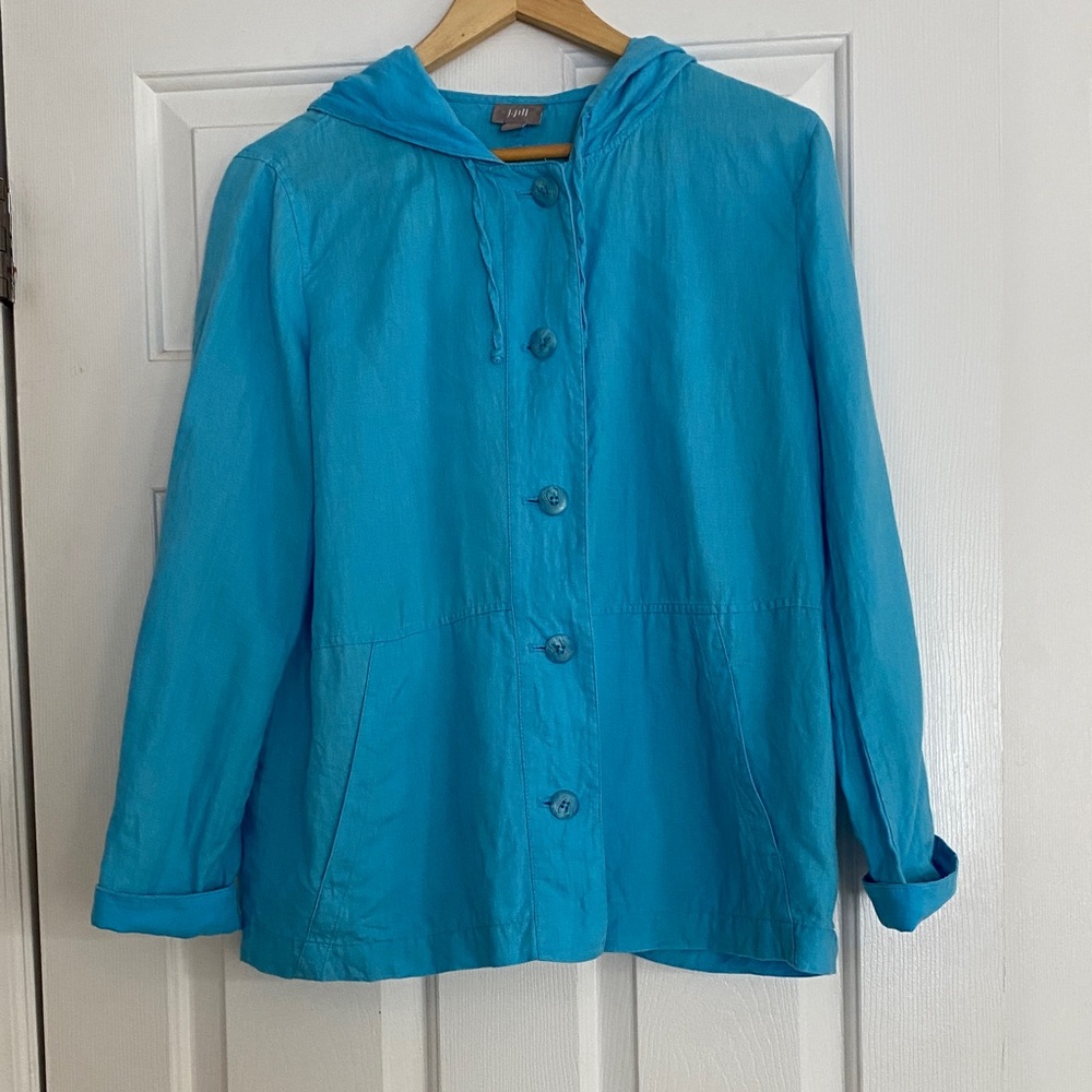 J. Jill Bright Blue button down hooded jacket 100% linen like new size small